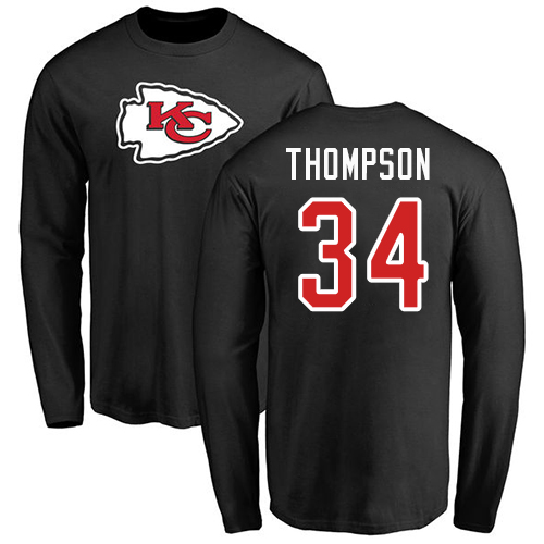 Men Kansas City Chiefs #34 Thompson Darwin Black Name and Number Logo Long Sleeve T-Shirt->kansas city chiefs->NFL Jersey